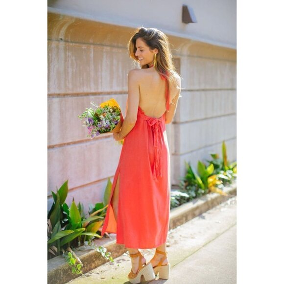 Bella Dahl Smocked Waist Halter Midi Dress in Azaleza Small New Womens Red - Picture 11 of 13